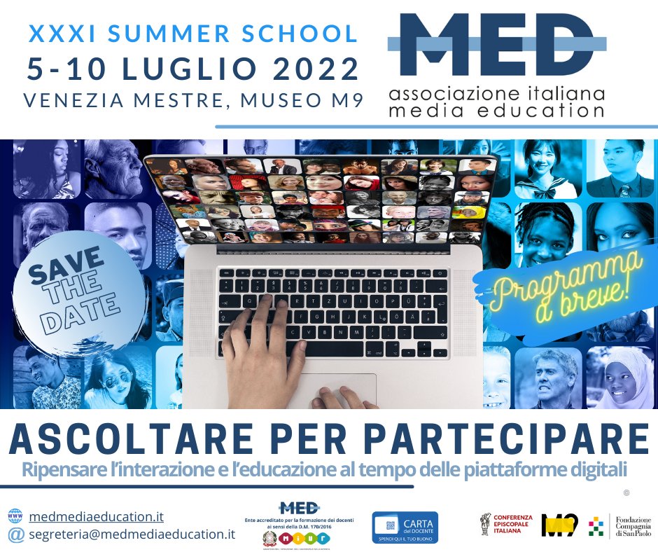 #savethedate 
📌𝙓𝙓𝙓𝙄 𝙎𝙐𝙈𝙈𝙀𝙍 𝙎𝘾𝙃𝙊𝙊𝙇 𝙙𝙞 𝙈𝙀𝘿𝙄𝘼 𝙀𝘿𝙐𝘾𝘼𝙏𝙄𝙊𝙉
▲ｓｃｏｌｔａｒｅ ｐｅｒ ｐａｒｔｅｃｉｐａｒｅ． 
Quest'anno di nuovo 🅘🅝 🅟🅡🅔🅢🅔🅝🅩🅐 
🙂👇Leggi l'abstract sul nostro sito
medmediaeducation.it/news/xxxi-summ…