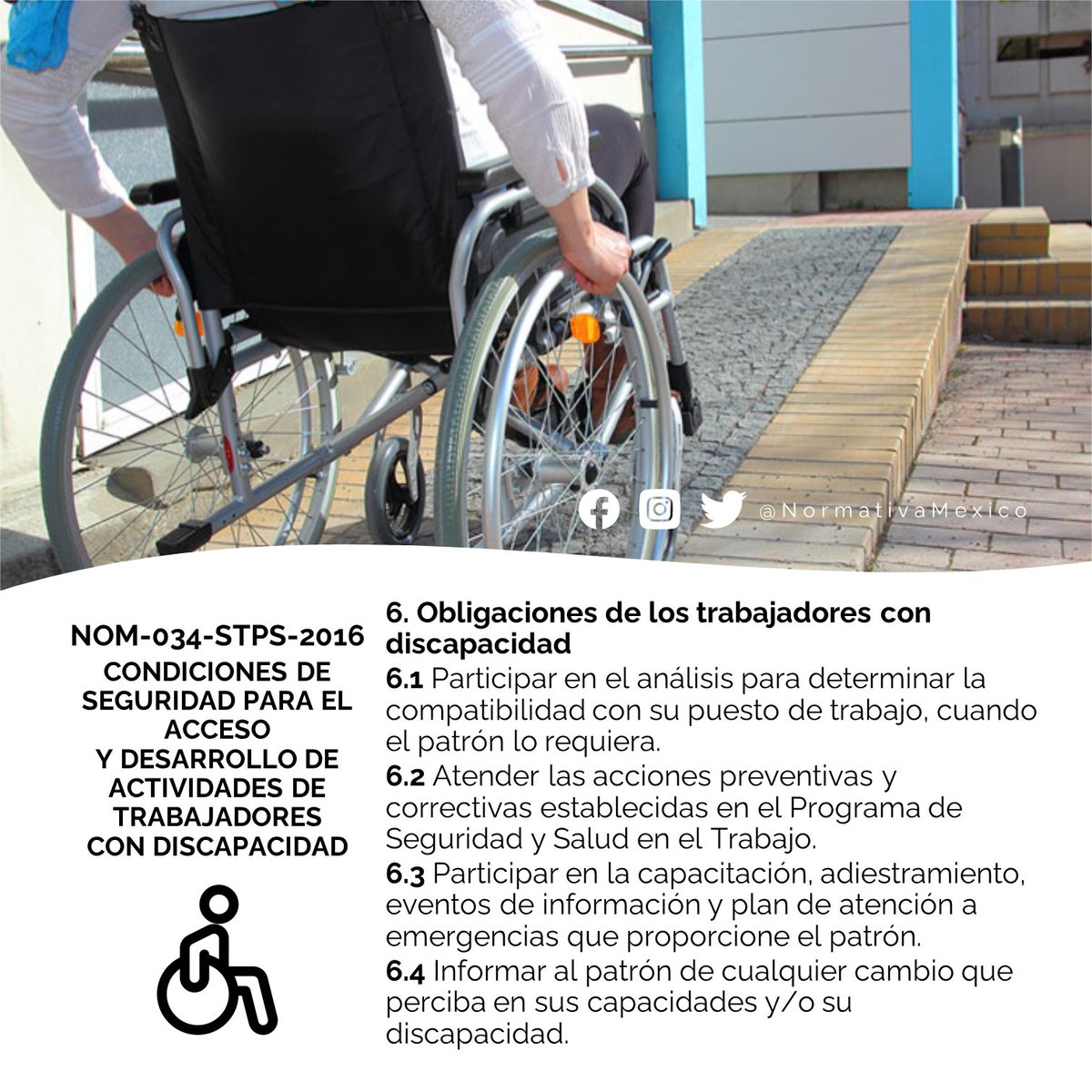 NormativaMexico's tweet photo. Accesibilidad: Medidas pertinentes para asegurar el acceso de los trabajadores con discapacidad, en igualdad de condiciones con los demás. #NormativaMexico #NOMSTPS https://t.co/R49MSdJ10o