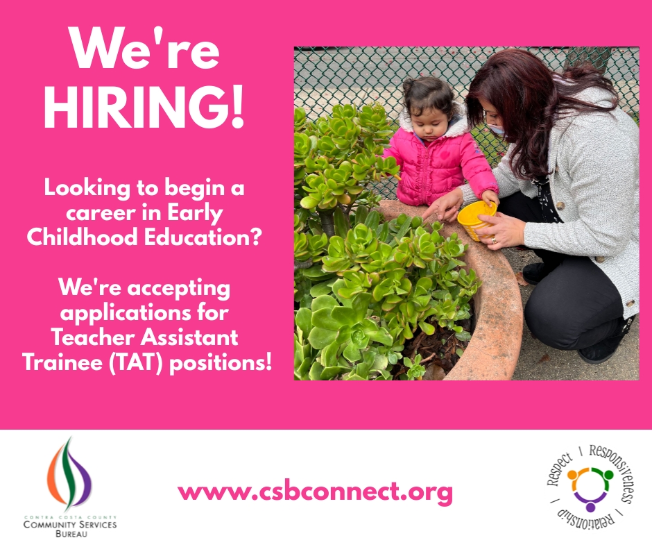 ContraCostaCSB's tweet photo. Love children? Looking to jumpstart your career? Join our #CSBFamily as a Teacher Assistant Trainee (TAT) with us – NO EXPERIENCE REQUIRED! Just your passion to learn and grow🌱Contact Monica DeVera at 925-705-5484 for more info! 
#HeadStartWorks #Careers #ECE #ContraCostaCounty https://t.co/kLJtXJsBnK
