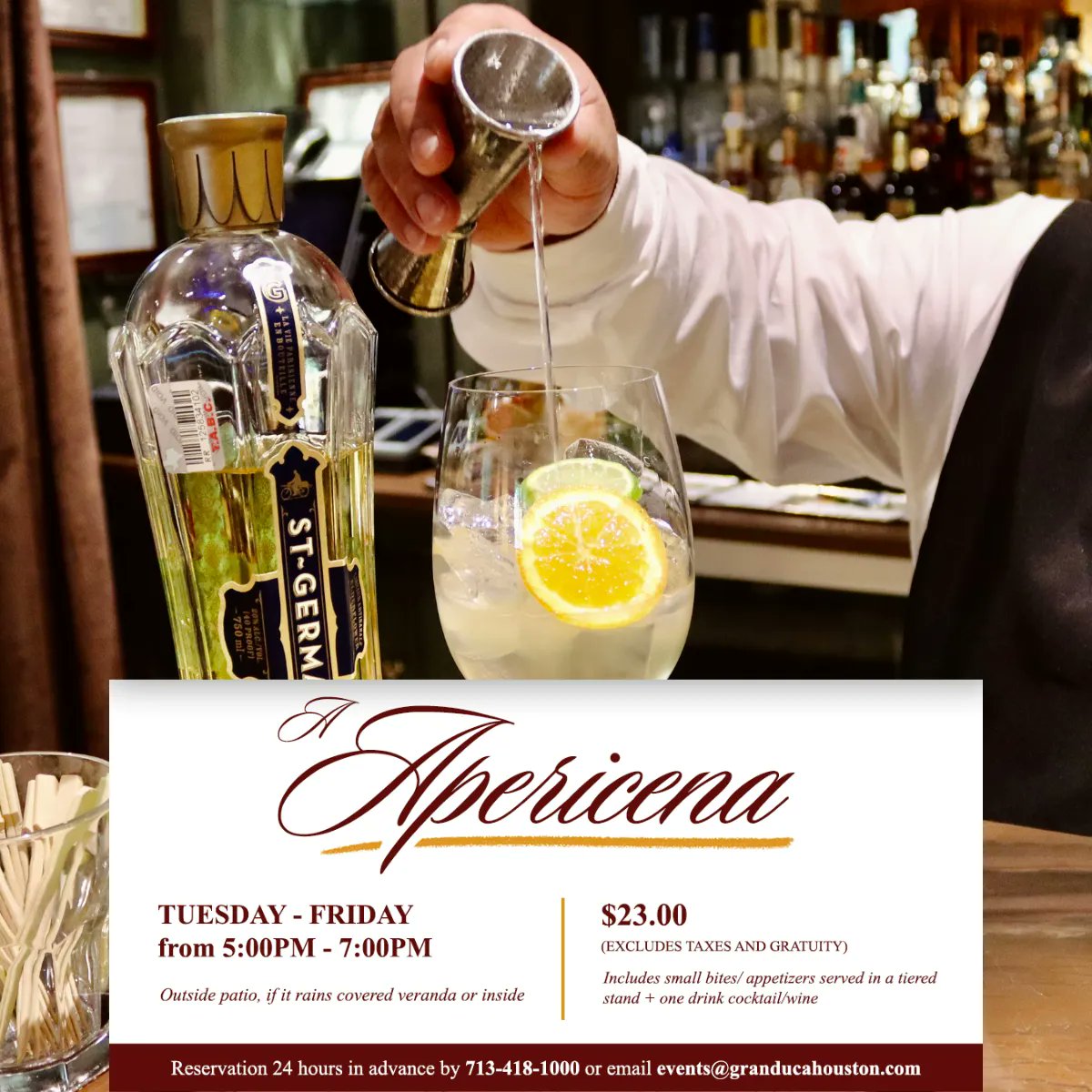 Invite your favorite coworker for a drink at Giorgio’s after work and experience Apericena, the Italian pre-dinner ritual, served Tuesday to Friday from 5 pm to 7 pm. 

For $23 per person, indulge in Italian bites and one drink of choice.
Make a reservation: (713) 418-1000 #htx