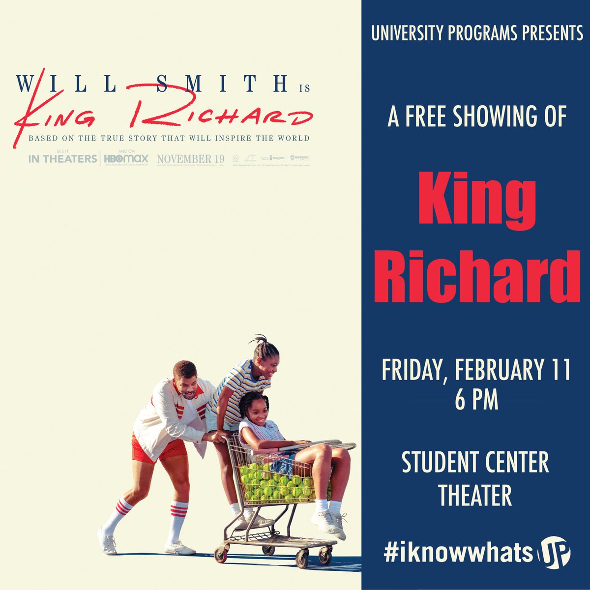 UAwhatsUP's tweet photo. Calling all Will Smith fans! 📣 UP is hosting a FREE 🤩 showing of King Richard starring Will Smith! ✨ Grab some popcorn 🍿 &amp; your friends 👥 &amp; head to the student center! 💯 #iknowwhatsUP

📆 Friday, Feb. 11
📍 Student Center Theater
⏰ 6 PM https://t.co/AdXvEIXYgf