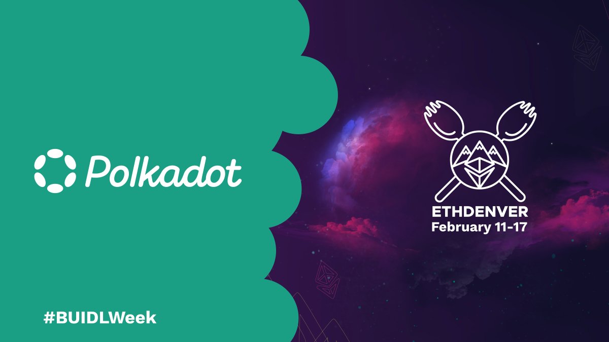Polkadot's tweet photo. Interested in building on Polkadot? 

Feb 11th-20th, take your chance to join @EthereumDenver's #BUIDLweek for deep-dive talks, presentations, and workshops on all things Polkadot.

To save your spot, and to learn about the bounty worth $15k 👉
https://t.co/iZ3T7G1ZiR https://t.co/XHW0WzuQQY