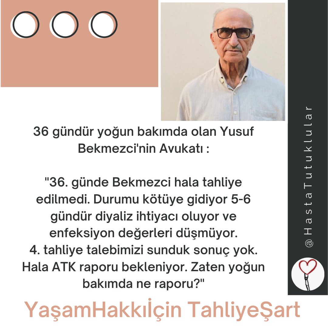 Hastalr_Tutuklu's tweet photo. 36 gündür yoğun bakımda olan Yusuf Bekmezci'nin Avukatı :

"Durumu kötüye gidiyor 5-6 gündür diyaliz ihtiyacı oluyor ve enfeksiyon değerleri düşmüyor. Talebimizi sunduk sonuç yok. ATK raporu bekleniyor. Zaten yoğun bakımda ne raporu?"

YaşamHakkıİçin TahliyeŞart @adalet_bakanlik https://t.co/8qq86PzvPY
