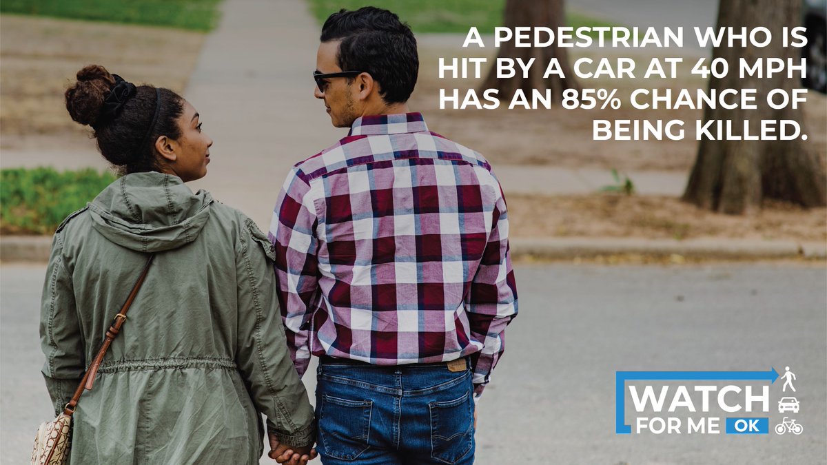 watch4meok's tweet photo. Did you know a pedestrian who is hit by a car at 40 mph has an 85% chance of being killed? As a driver, you are the biggest threat to pedestrians. Pay attention to the road and help lower the risks!
#WatchForMeOK https://t.co/GWPzBSBAk6