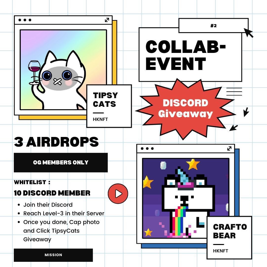 Thanks to our friend @tipsycatnft, and they are giving away 3 NFTs to our OG Bears. 

To join this giveaway, you are also encouraged to:
➕follow both <a href="/craftobear/">Crafto Bear NFT</a> and @tipsycatsnft IG accounts
👯Invite 3 friends to the discord
💯Be active and Reach Lv3 

#hknftart #SolanaNFTs