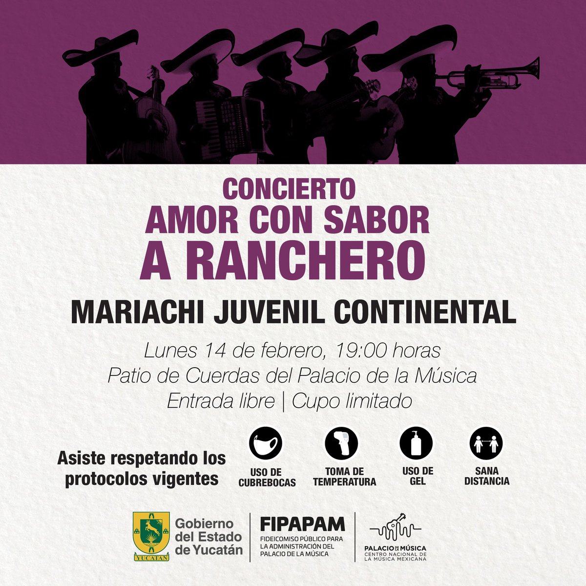 YucatanPresenta's tweet photo. ¿Ya tienes planes para #SanValentín ❤️?
El Palacio de la Música - Centro Nacional de la Música Mexicana te espera para que disfrutes una velada musical.
🗓️14 de febrero
🕖 19:00 horas
 📍 Patio de Cuerdas.
Entrada libre con aforo limitado. Uso obligatorio del cubrebocas. https://t.co/R6BvCR9GDm
