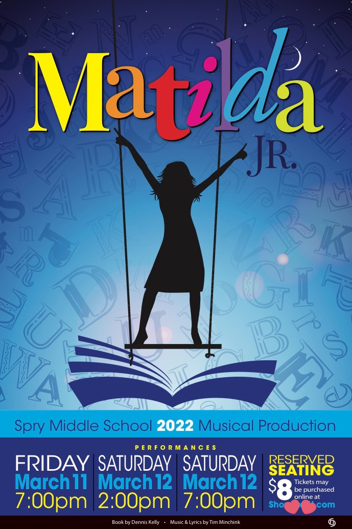SpryDramaClub's tweet photo. MARK YOUR CALENDARS! Matilda, Jr. is coming the @SpryMSWarriors stage on March 11 &amp; 12. Ticket information to come! @WCSDProud @SpryPTSA @FineArtsWebster #matilda https://t.co/XYGJCSHNbl