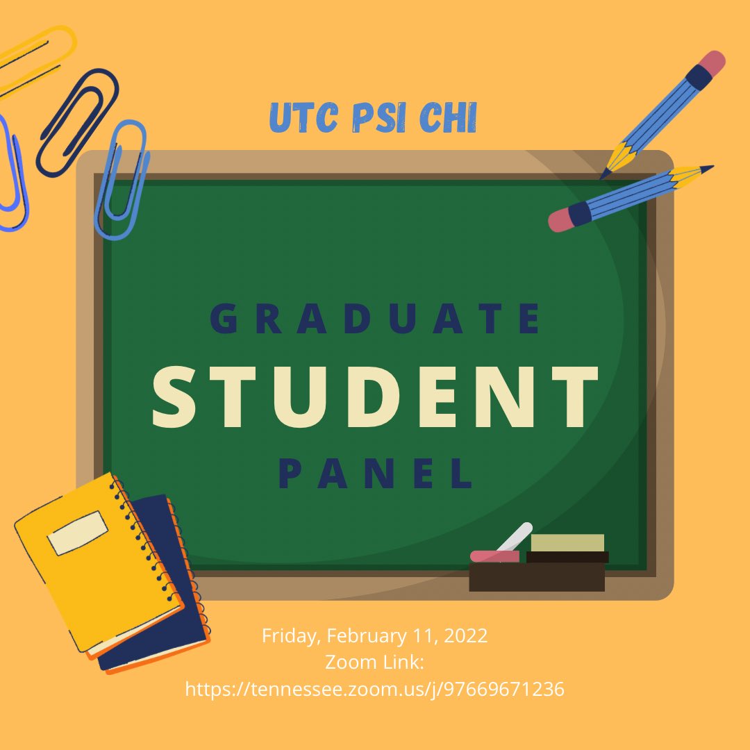 psichiutc's tweet photo. Join UTC Psi Chi this Friday for our graduate student panel! Melissa Materia and Akera Williams will join us to discuss their experiences as graduate students, talk about the work they do in their respective research labs, and more!

Zoom Link: https://t.co/50O1Jgunr6 https://t.co/bR7k51vxvo