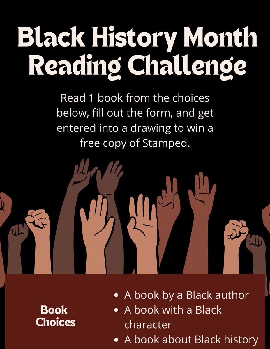 MaroonsLibrary's tweet photo. All are invited to participate in our #blackhistorymonth reading challenge.  The form must be completed by the end of the day Monday, February 28.  We can't wait to see what you read! #amreading #ehslibrary #elginhighschool #challengeaccepted #maroonstrong #maroonpride https://t.co/aUbMM4umhB