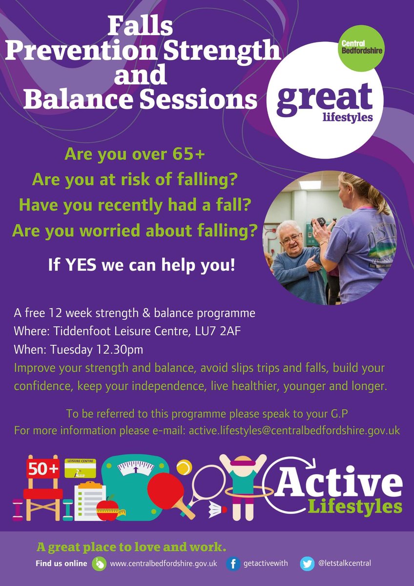 Calling all Leighton Buzzard residents, do you know someone who could benefit from @letstalkcentral’s free Strength and Balance Programme, at Tiddenfoot Leisure Centre? #Livelongerbetter #getactivewith @teamBEDS @LLTCNews @LoveLeightonB #leightonbuzzard