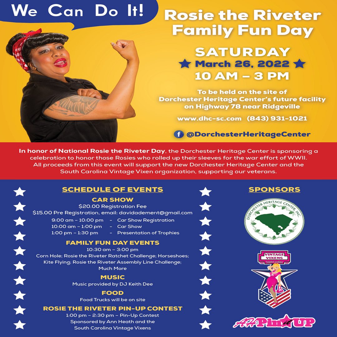 dcahc_museum's tweet photo. CAR SHOW, ROSIE THE RIVETER PIN-UP CONTEST, ROSIE THE RIVETER RATCHET CHALLENGE, ROSIE THE RIVETER ASSEMBLY LINE CHALLENGE, FAMILY FUN DAY EVENTS, AND MUCH MORE! #DHC #DorchesterCounty #rosietheriveter #carshow https://t.co/Yfvgmo9iiM