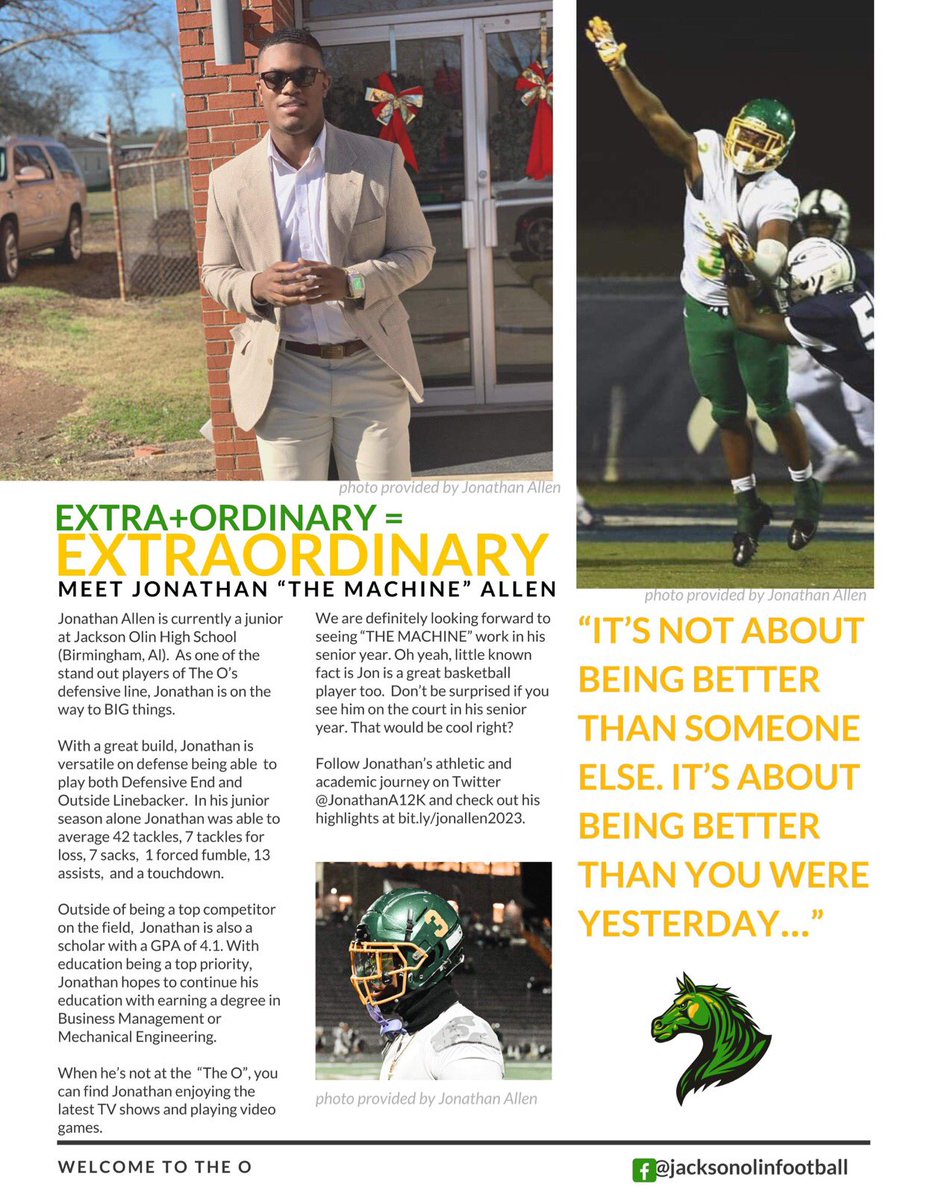 JacksonOlinFB's tweet photo. 𝐌𝐞𝐞𝐭 “𝐓𝐡𝐞 𝐌𝐚𝐜𝐡𝐢𝐧𝐞”‼️🐎

Get to know defensive lineman 𝐉𝐨𝐧𝐚𝐭𝐡𝐚𝐧 𝐀𝐥𝐥𝐞𝐧. 

Jon is a student athlete with a passion for learning and competing. Playing both Defensive End and Outside Linebacker while maintaining a 4.1 GPA, Jonathan has BIG goals at “The O” https://t.co/cpY7TWlrgf