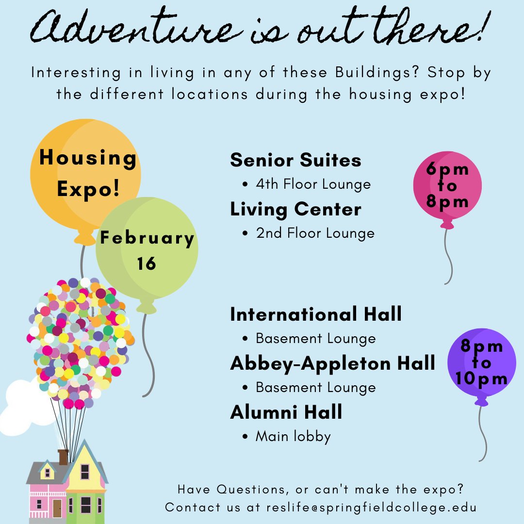 sc_reslife's tweet photo. Next Wednesday, pop around to our Housing Expo! Not exactly sure which Residence Hall to live in next year? Stop by all of them! If you have any questions about the Housing Expo, email us at reslife@springfieldcollege.edu https://t.co/9hSw8n3DTF