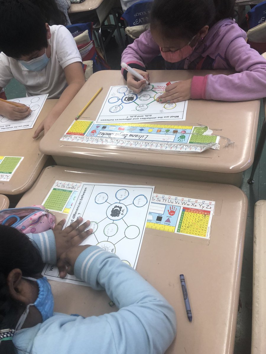 2ndGradeJKO's tweet photo. What are the similarities and differences between a.m. and p.m.? 202 can tell you! βοΈ π @PS66JKO @ThinkingMaps #doublebubblethinkingmap #doublebubble #thinkingmaps #tellingtime #envisionsmath #colorcode https://t.co/kUetX1fC7w