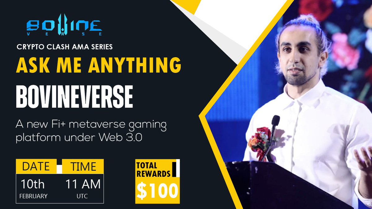 ⚔️AMA Series With BovineVerse

🎁Prize: $100 BUSD 
📆Date: February 10th 2022 11 AM UTC 
🏨 Venue: t.me/cryptoclash0

〽️ Rules:

1️⃣. Follow 
<a href="/CryptoClash1/">Crypto Clash</a>
  &amp;
<a href="/BovineVerse/">BovineVerse Official</a>

2️⃣. Like Retweet &amp; Comment Your Questions (5 Questions Max) Tag 3 friends.