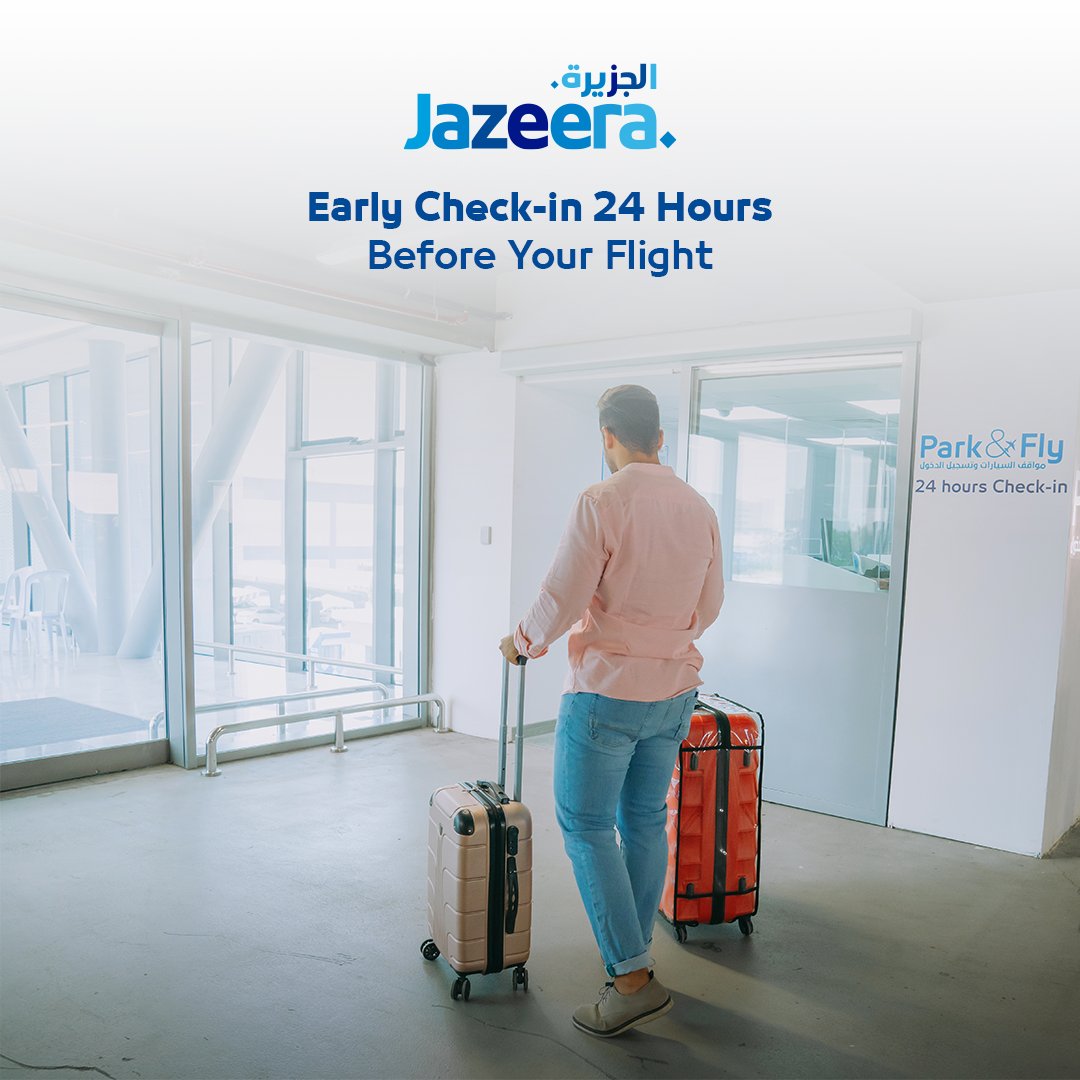 JazeeraAirways's tweet photo. Next time you fly take advantage of our Early Check-in service 24 hours before your flight. Drop your bags and get your boarding pass. Go to Jazeera Airways Terminal 5 Multi-story car park. Level 2 Park & Fly.
#Letsflyagain https://t.co/1LG6gIohP1