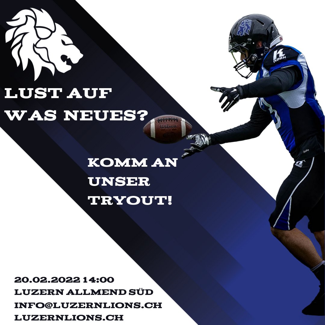 LuzernLions's tweet photo. Vom Football-Fieber gepackt oder mal wieder Lust auf etwas neues? Komm an unser Tryout!

Gross, klein, leicht, schwer, jung oder schon etwas älter - bei uns sind alle willkommen. Vielleicht vertrittst du schon bald mit uns die Innerschweiz in der Schweizer Meisterschaft! https://t.co/Kln0tbKten