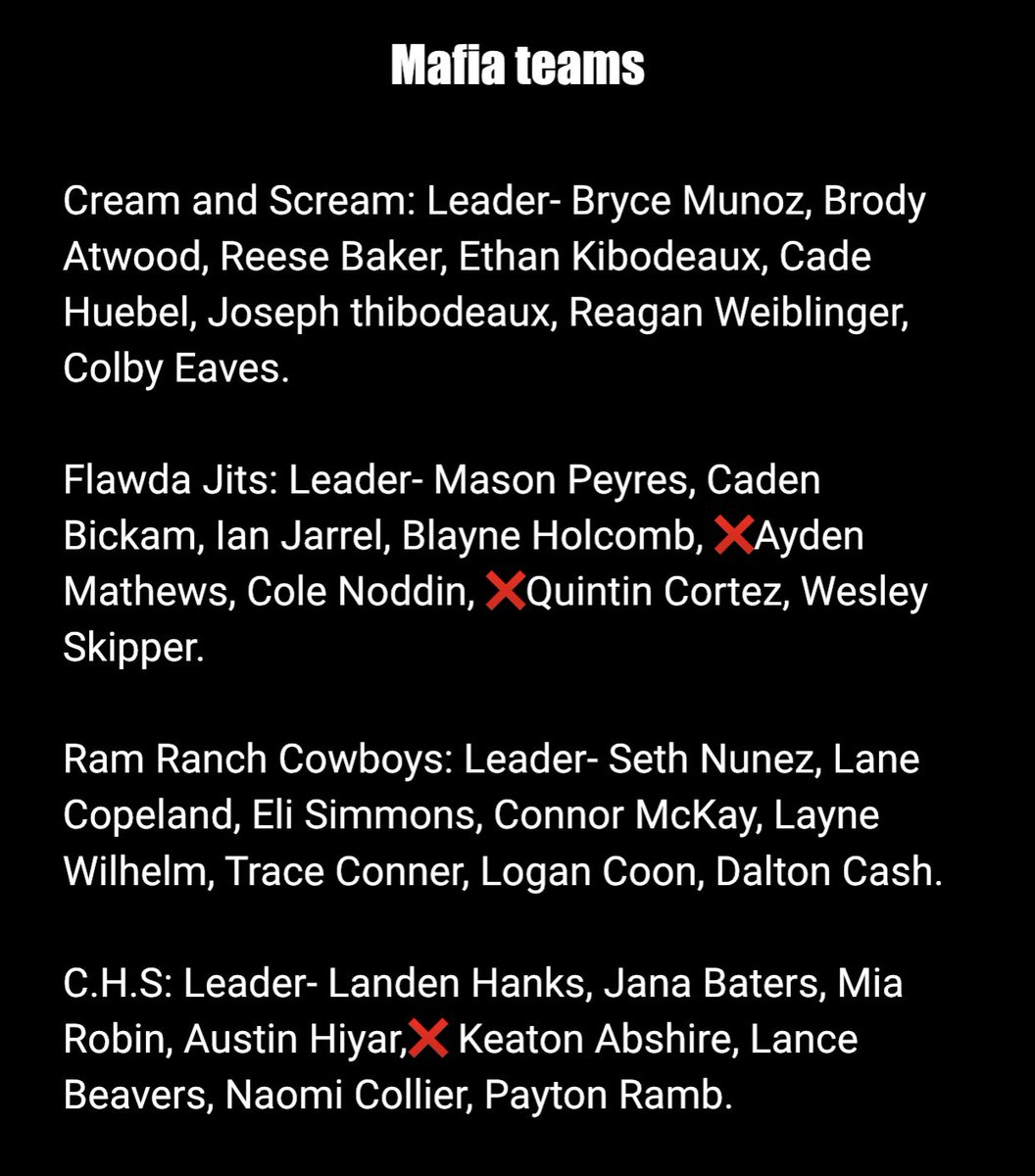 VMafia22's tweet photo. teams left: ❌ in front of name means they’re out https://t.co/laClLUsHBE