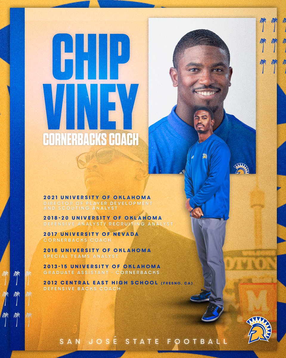 SanJoseStateFB's tweet photo. Welcome to Spartan Nation, @OU_CoachViney!

⚔️ Chip Viney
⚔️ Cornerbacks Coach

🔗 https://t.co/okPWIXtS2K

#SpartanUp | #ClimbTheMountain https://t.co/k74O7hWEZj