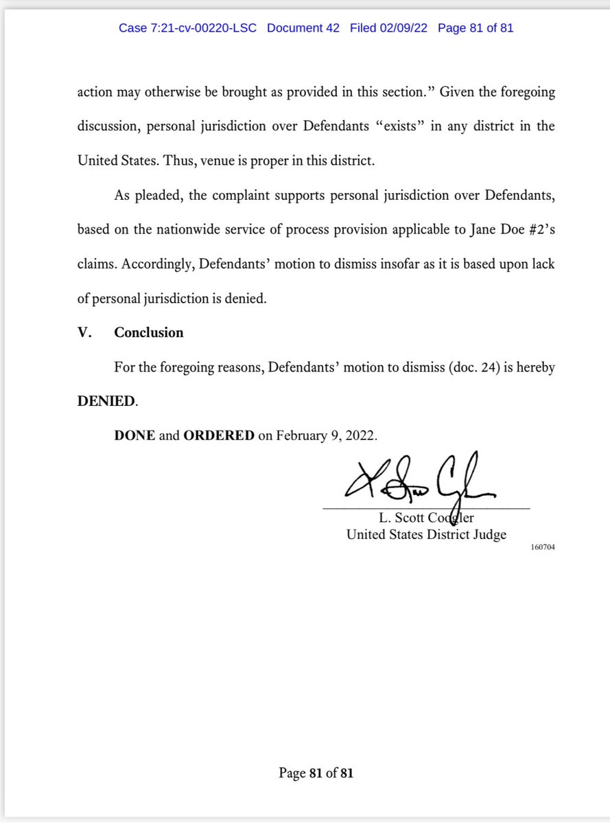 BREAKING: Pornhub’s Motion to dismiss in Alabama federal case DENIED. Huge victory for two survivors of minor sex trafficking and CSAM (1/3) @ncose <a href="/NCOSE/">National Center on Sexual Exploitation</a>law <a href="/SrTrueman/">Patrick Trueman, SR.</a> <a href="/elizableu/">𝔈𝔩𝔦𝔷𝔞</a>