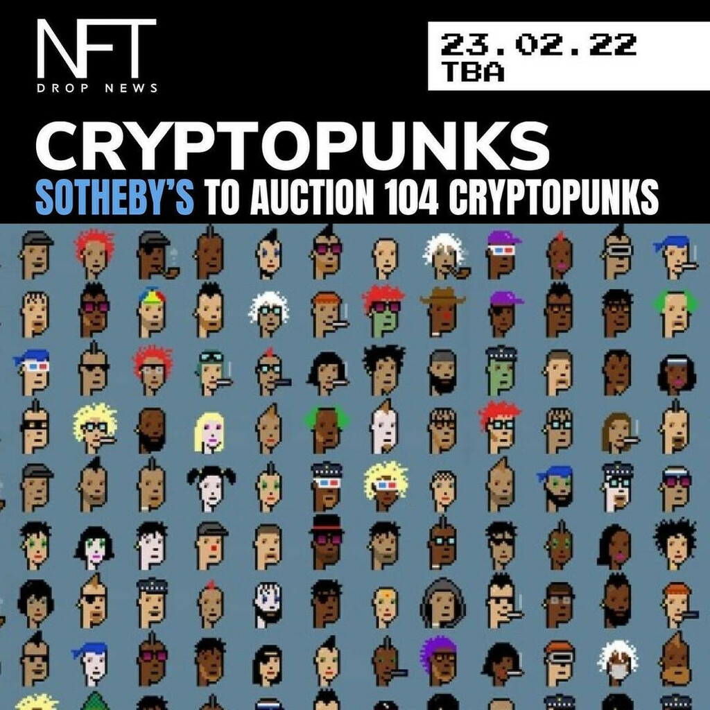 PixelMeows's tweet photo. @cryptopunks get the @sothebys treatment during the "Punk it" auction later this month!

"Punk It!" will feature a single-lot sale of 104 CryptoPunk NFTs on February 23 and is expected to bring in $20-30m. ⚫️ https://t.co/loGS7cHSxP https://t.co/xp9YymvKAp