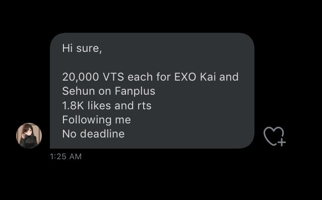 1exoKLWKN's tweet photo. 📣𝐅𝐀𝐍𝐏𝐋𝐔𝐒 𝐃𝐄𝐀𝐋 (𝐒𝐄𝐇𝐔𝐍 &amp; 𝐊𝐀𝐈)📣

✮ ✮ ✮ 20,000 VTS each for #EXO SEHUN &amp; KAI

↳ 1.8K Retweets and Likes
↳ Must Follow @SellerInang 
↳ No Deadline

#KAI 
#SEHUN 
#EXO 
@weareoneEXO https://t.co/SB3DfmB3Js