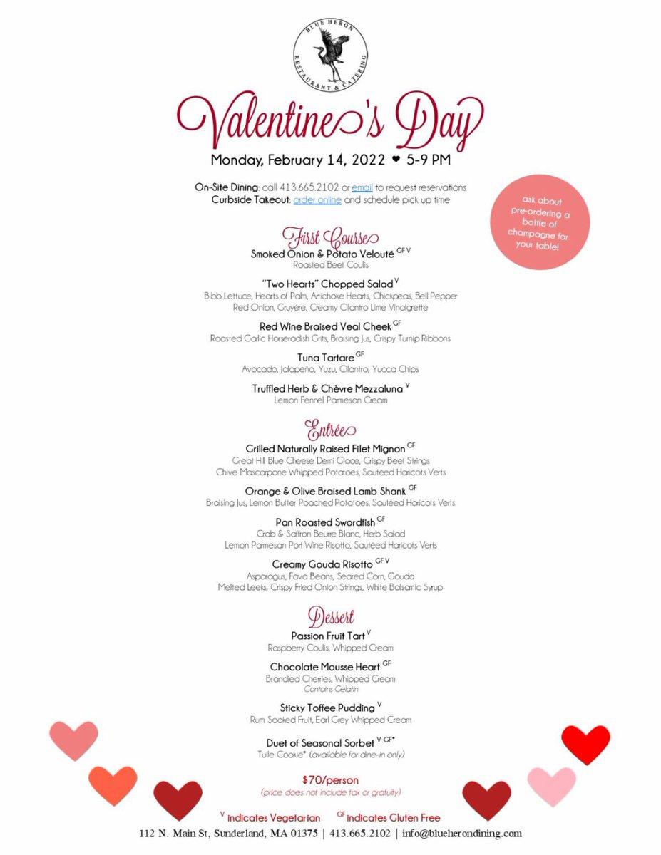 🚨 Valentine’s Day is FIVE days away! 🚨⁣
⁣
We are almost full for both dine-in and takeout, so make sure you make your reservations or place your takeout order soon!⁣
⁣
Visit blueherondining.com/valentinesday to view menus and order online &amp; call 413.665.2102 to request reservations!