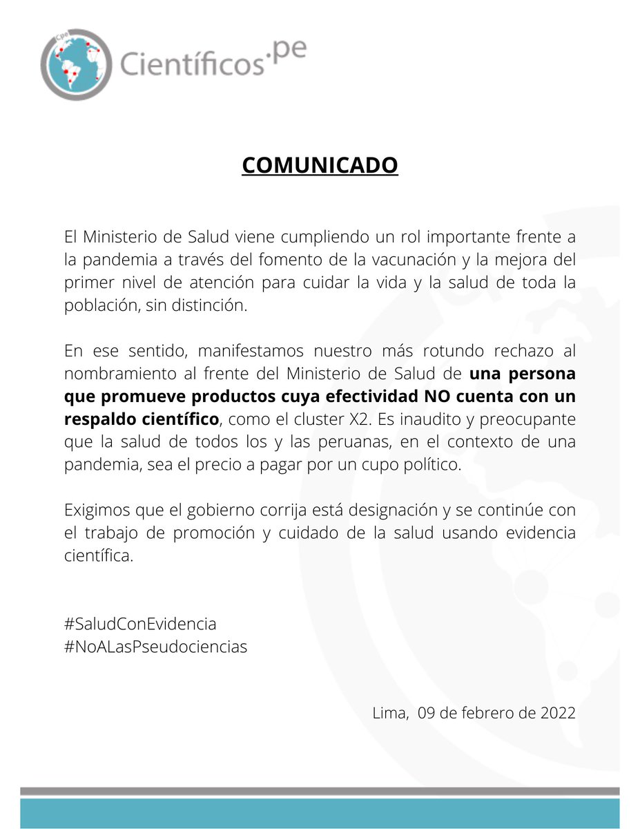 Cientificos.pe (@cientificospe) on Twitter photo Expresamos nuestra preocupación y rechazo por el cambio en la cabeza del Ministerio de Salud <a href="/Minsa_Peru/">Ministerio de Salud</a>. Exigimos se nombren responsables que promuevan políticas basadas en evidencias científicas. Expresamos nuestra preocupación y rechazo por el cambio en la cabeza del Ministerio de Salud <a href="/Minsa_Peru/">Ministerio de Salud</a>. Exigimos se nombren responsables que promuevan políticas basadas en evidencias científicas.
