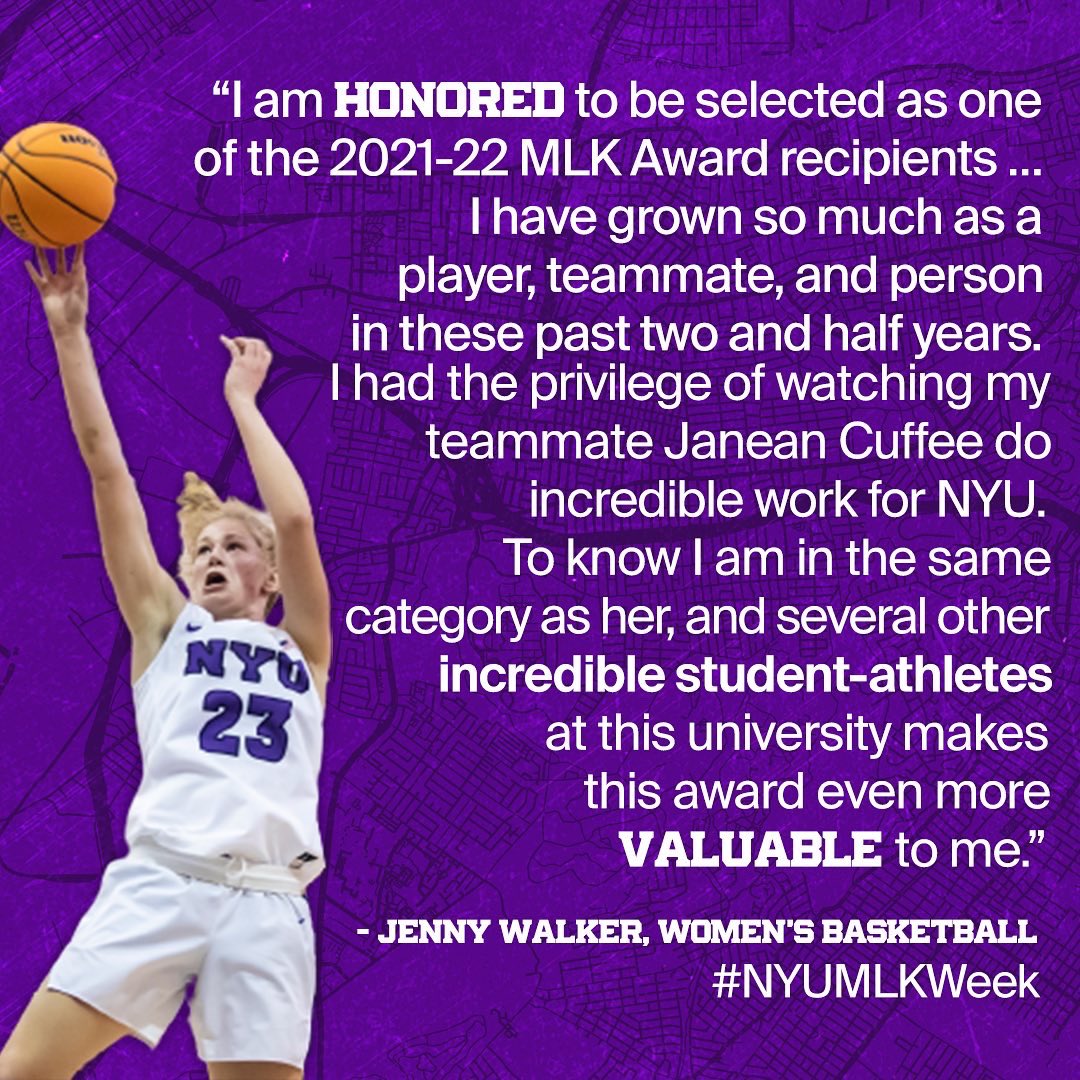 NYUAthletics's tweet photo. Race’s involvement in PUEO and Jenny’s co-founding of the LGBTQ+ student-athlete union only scratch the surface of their civic engagement. Here’s what winning the award means to them:
#NYUMLKWeek https://t.co/54UJmrQmHC