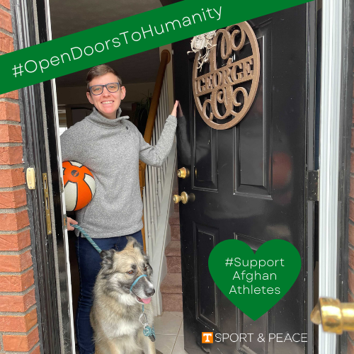 SportandPeaceUT's tweet photo. Today our teamie @MorganIrish is standing with our Afghan sisters in sport. Help us raise awareness and advocate for their resettlement as legal refugees in Tennessee or Canada. It’s easy - take a photo of yourself and use the hashtags #opendoorstohumanity  #supportafghanathlete https://t.co/SsaplemZST