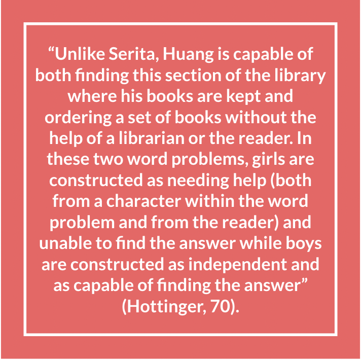 JoshS27675980's tweet photo. Even the most fundamental, seemingly objective aspects of math contain bias. Take textbooks for instance, which have been found to feature male characters in application-based problems and to frame female characters as “needing help.” Check out this assessment of 2 word problems: https://t.co/tD4MaOqT9f