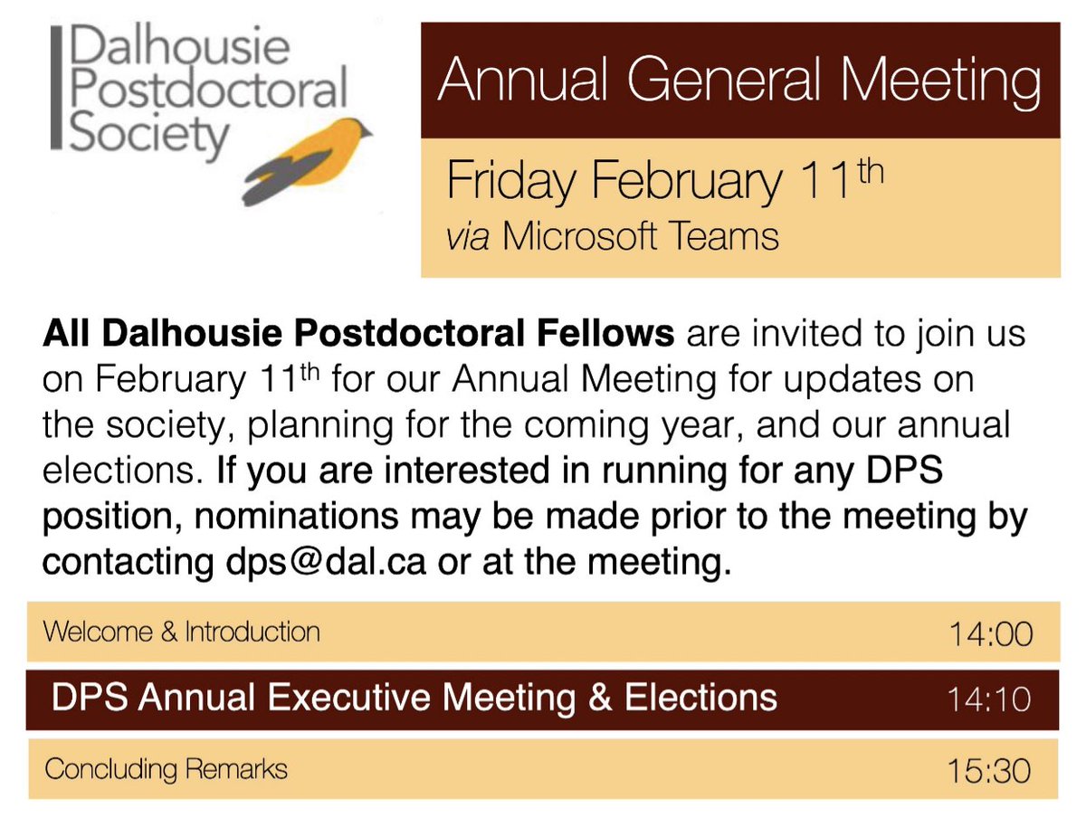 All Postdocs in Nova Scotia are invited to attend the Dalhousie Postdoctoral Society AGM this Friday! 

Teams Link: teams.microsoft.com/dl/launcher/la…