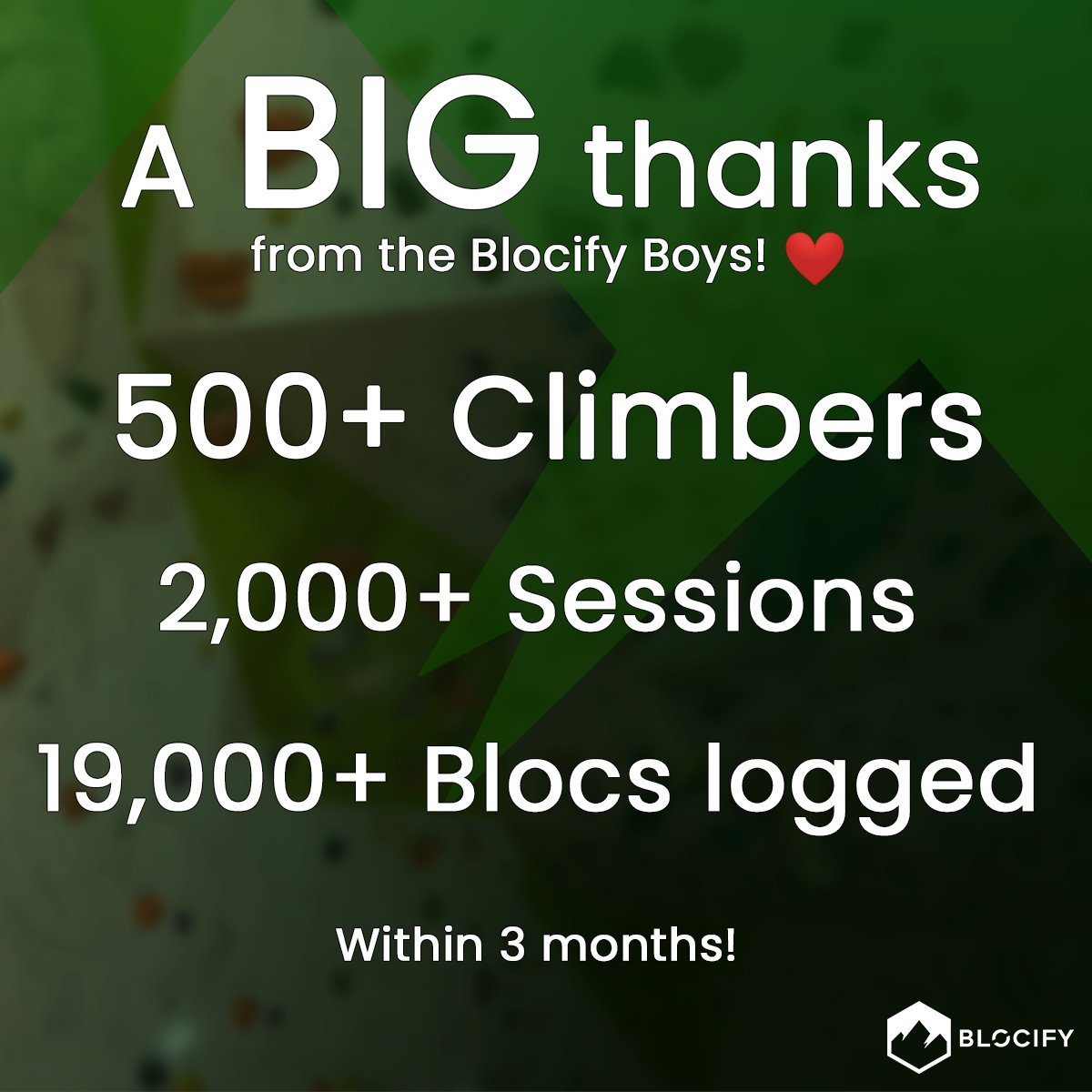 BlocifyApp's tweet photo. WOW! What a wild ride these past few months have been 😮 Over 500 climbers have signed up and logged almost 20k blocs on Blocify since launch - we literally couldn't have done it without you! ❤️

#blocify #stats #milestones #climbing #climbingstats https://t.co/vEkb0a1gUF