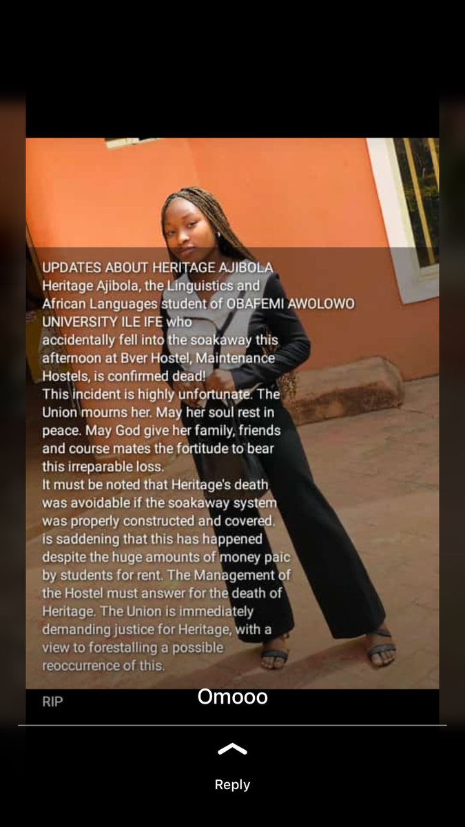 this_isrichiee's tweet photo. Another death again😭
What’s it with all these people ffs😭
She fell into an opened soakaway this afternoon at Bver hostels, maintenance OAU
She was inside there for fuckin 40mins mehn😢
Death hits differently when it’s avoidable😪
Rest on Heritage🕯💔
#RIPheritage
#OAUTwitter https://t.co/MtmIytxqds