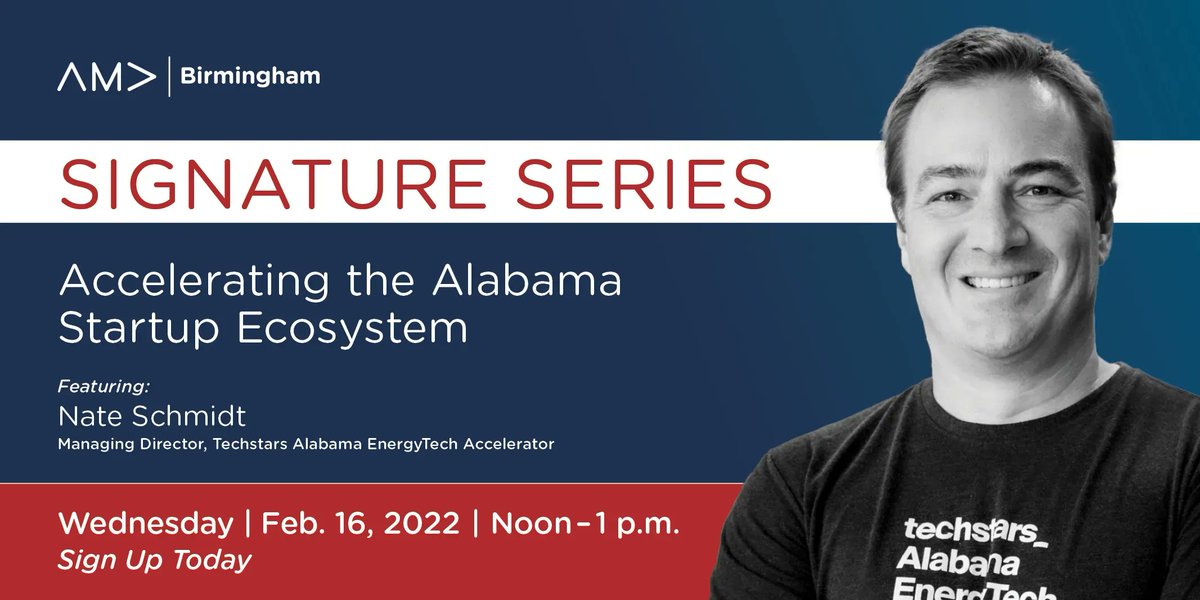 AMA Birmingham is ramping up for our February Signature Series Speaker, Nate Schmidt. 

Wednesday the 16, 12-1 PM, Nate will focus on how tech startups play a role in our state's future and tech accelerators programs are a key driver of startup growth.

buff.ly/3BakgpH