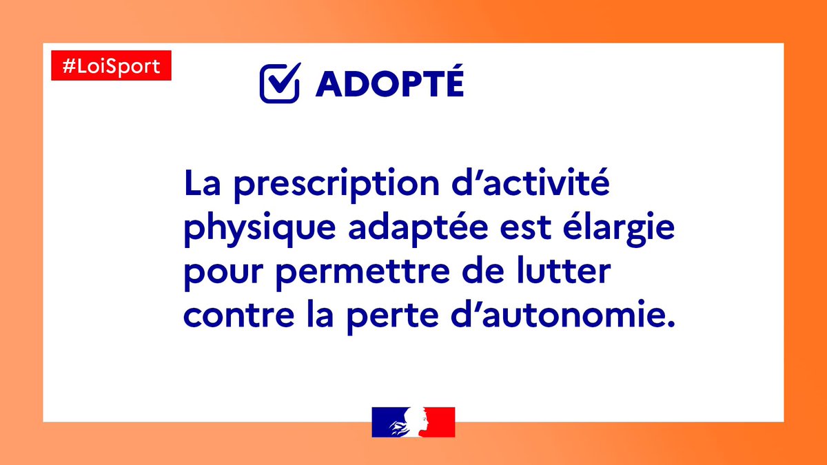 Les bienfaits du sport pour la santé publique sont avérés. A titre curatif mais aussi préventif. 

Nous reconnaissons aujourd’hui le sport comme un outil pour lutter contre la perte d’autonomie 💪

#LoiSport