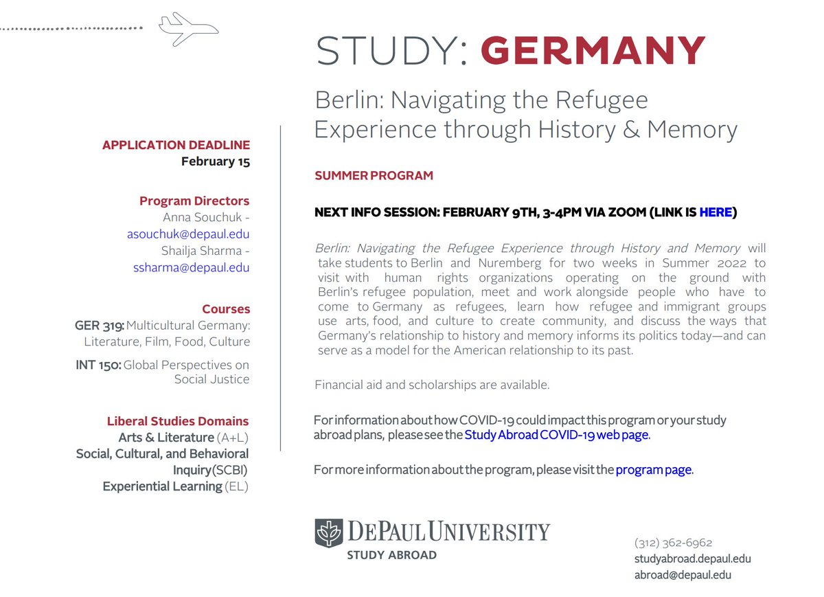 Study abroad opportunity in Germany: Navigating the Refugee Experience through History and Memory in Berlin! Interested? For details, visit: programsabroad.depaul.edu/index.cfm?Fuse…