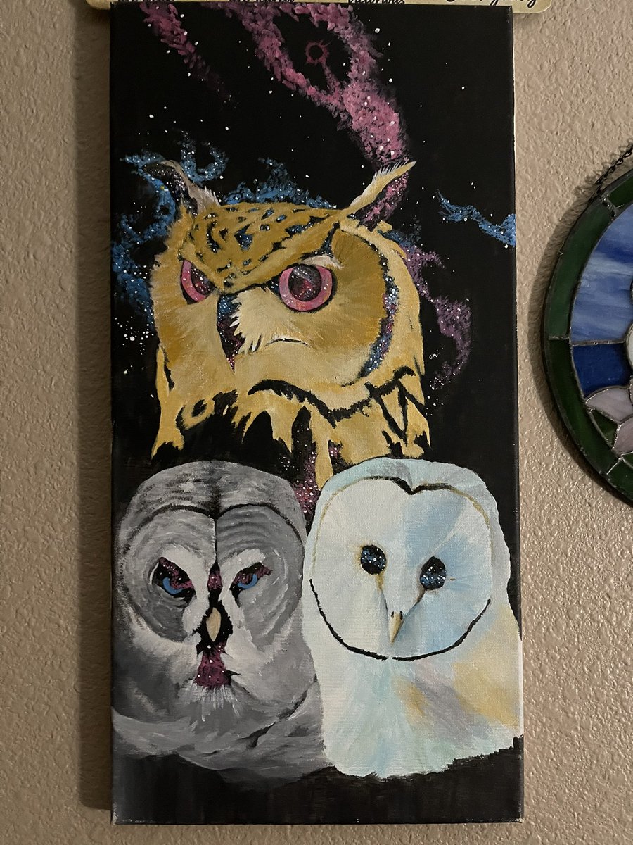 ArtsieTurtle's tweet photo. Got this from an antique store and local artist made it! #owls #artwork #painting #canvas #galaxy https://t.co/P3bCtyT5Rf