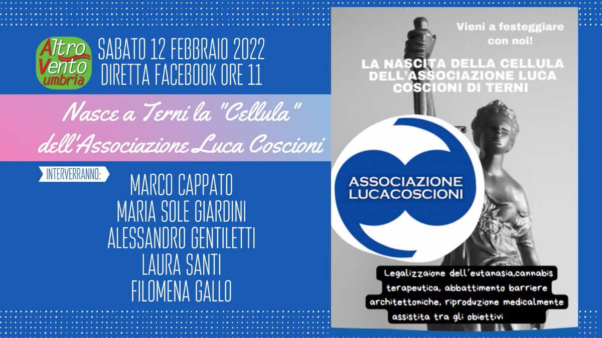 AltroVento's tweet photo. Nasce a Terni la 
Cellula Associazione Luca Coscioni 
Il link per la diretta
#eutanasia #FineVita 
https://t.co/kS92bTOqNo https://t.co/c5dD4cjwfY