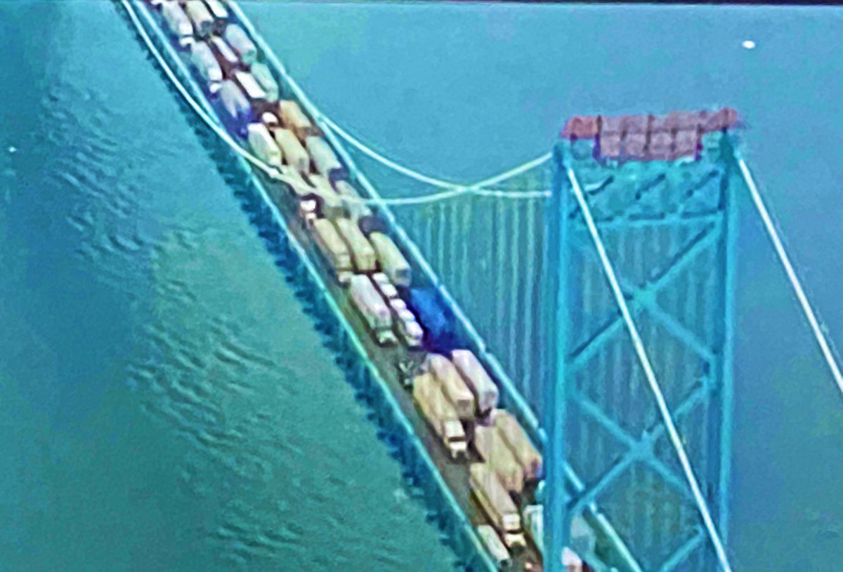 Streetfilms's tweet photo. However you feel about what’s going on in #OttawaOccupied, I keep looking at the footage of the #Ambassador Bridge and wonder how much continued bumper-to-bumper truck traffic a bridge can take before it begins to weaken. https://t.co/PRmbWz09Oh
