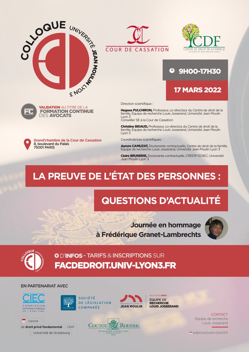 📅[Colloque] La preuve de l’état des personnes : questions d’actualité | 17 mars 2022 | Grand’chambre de la Cour de Cassation | organisé par la <a href="/Courdecassation/">Cour de cassation</a> et le Centre de droit de la famille. Journée en hommage à Frédérique Granet-Lambrechts
👉 bit.ly/3JkiUfd