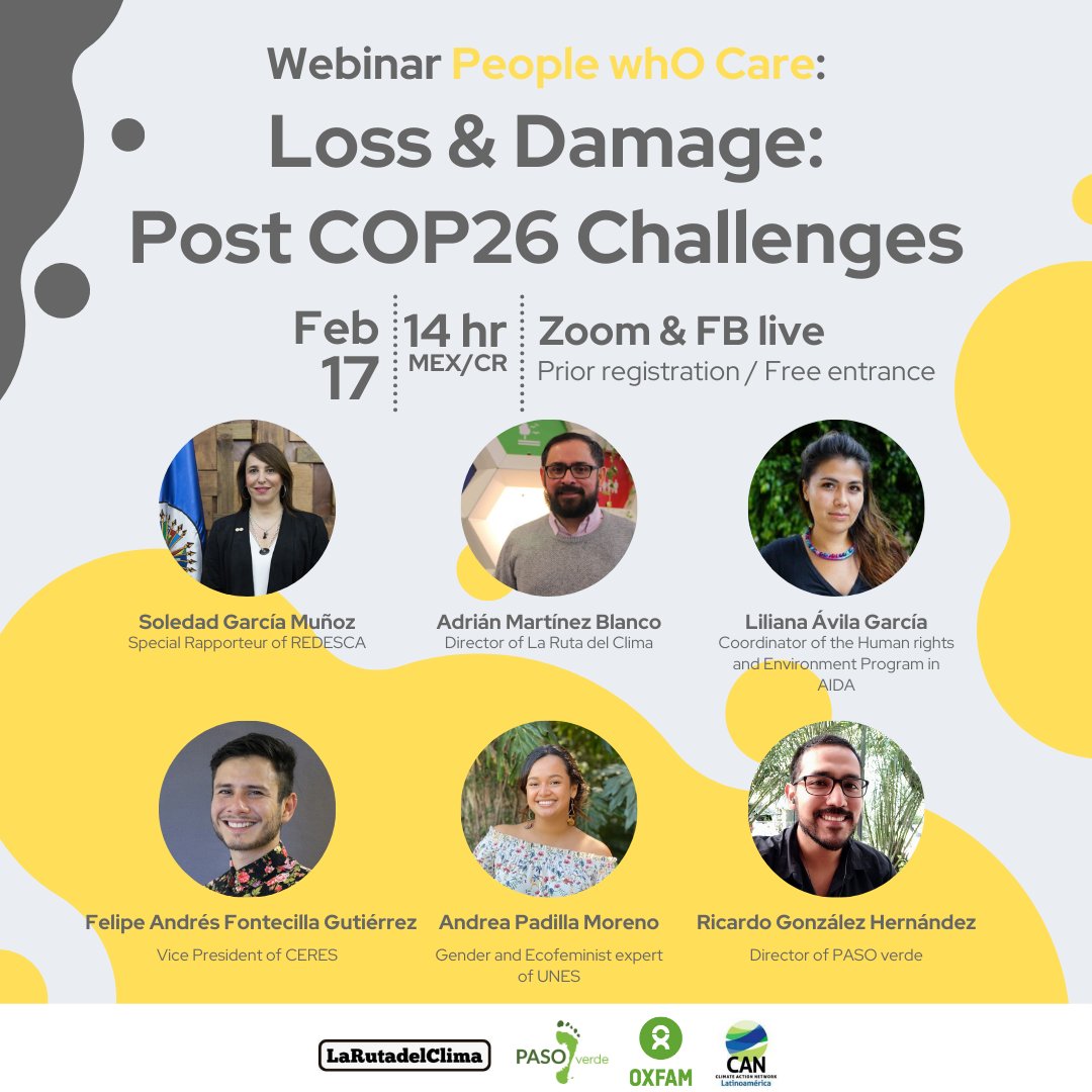 PASOverdeAC's tweet photo. Webinar #PeoplewhOCare: Daños y pérdidas: retos post COP26. Contaremos con traducción simultánea al inglés.
Más del evento: https://t.co/ZqlWsU7i8B 
Registro: https://t.co/YxvdxfmKvR 

@larutadelclima @oxfammexico @CAN_LA_ https://t.co/sNl6djOd0t