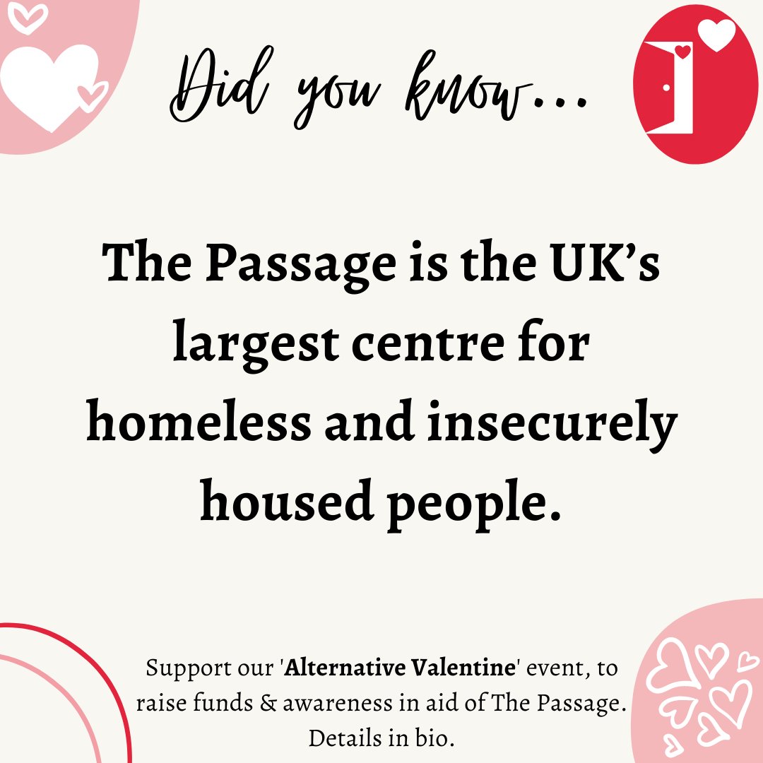 #didyouknow ... <a href="/passagecharity/">The Passage Charity</a> is the UK's largest centre for homeless and insecurely housed people.

Grab your tickets to support our #AlternativeValentine virtual event on Wed 16 Feb from the link in bio.

Spread the word, and the love ❤️

#homelessness #endinghomlessness