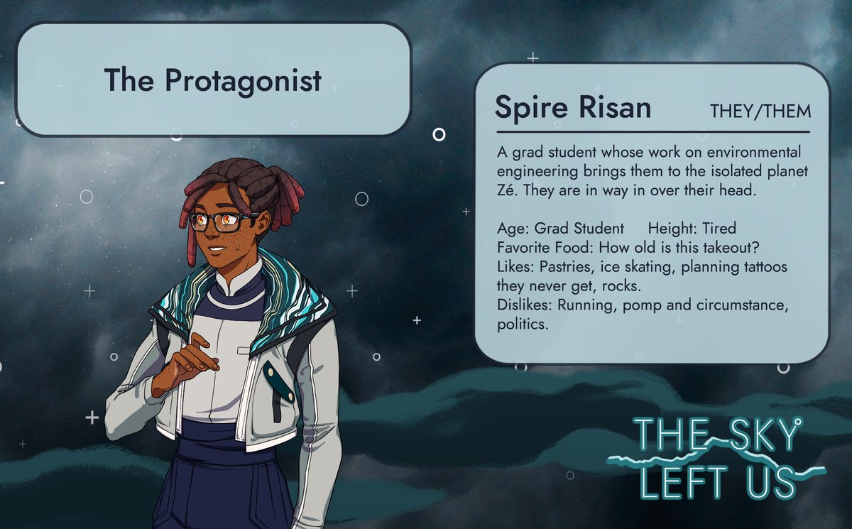 RatwormGames's tweet photo. Meet your protagonist, Spire Risan! They've traveled to the isolated Planet Zé to fix the toxic atmosphere. Get in, get out, put it on the resume. 

With a perpetual headache and murky sense of purpose, Spire is completely unprepared for what happens next. #TheSkyLeftUs https://t.co/E2wG6vGXip