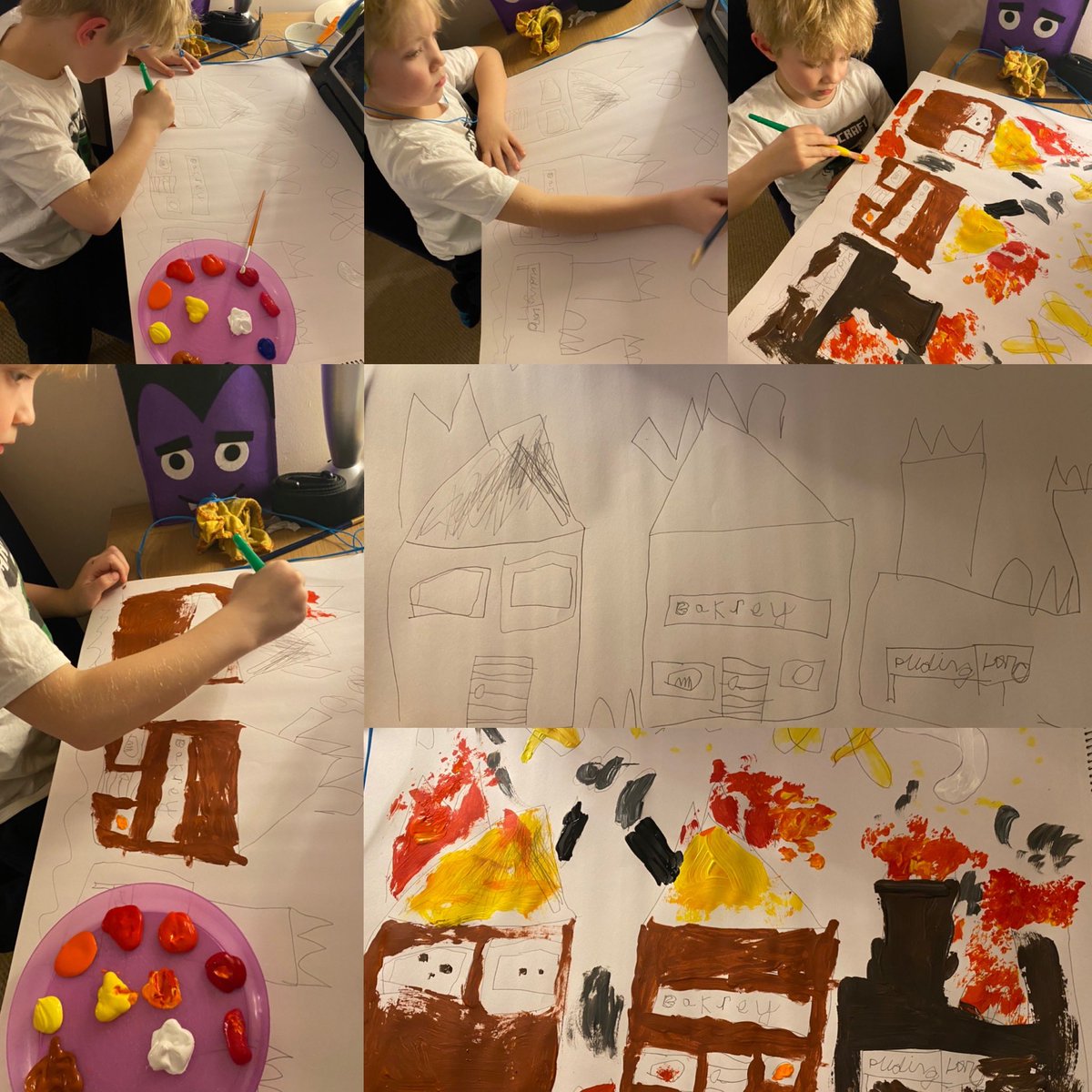 KateMooney77's tweet photo. Luke has enjoyed doing a painting of the great fire of London for home work tonight. @Y2HiStPrimary https://t.co/7HPMt70mEq