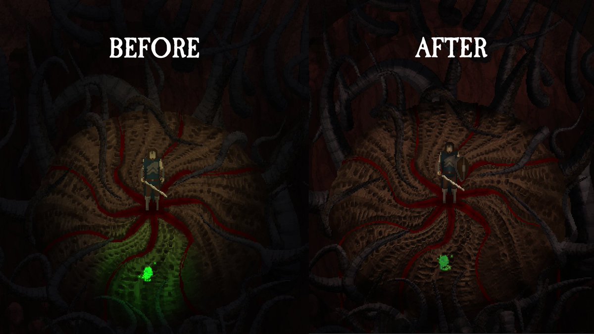 Moandore's tweet photo. Hi #indiedevhour 

So I tried reworking the lighting system for Inmortis, and it just looks incredible, these two pictures are identical except the shader

Still need a few tweaks, but I'm happy with it :)
#gamedev #indiegame #pixelart #indiewatch https://t.co/GtT5BdTvHH