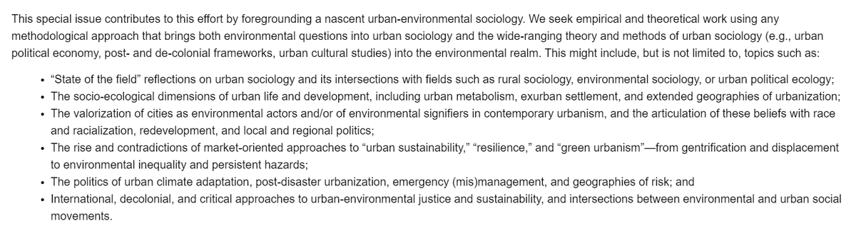 Metropolitan Policy Center (@mpc_au) on Twitter photo Call for Papers: Environmentalizing Urban Sociology
Special Issue <a href="/CiCoJournal/">City & Community</a> 📢
Guest Editors: <a href="/hiangelo/">Hillary Angelo</a> @LeonardNevarez
Abstracts of 250 words due March 1, 2022. Submit directly to the guest editors.
cc: <a href="/EnviroSocASA/">ASA Environmental Sociology Section</a> <a href="/EnvSociology/">Env Sociology</a> #urbansociology #environmentalsociology Call for Papers: Environmentalizing Urban Sociology
Special Issue <a href="/CiCoJournal/">City & Community</a> 📢
Guest Editors: <a href="/hiangelo/">Hillary Angelo</a> @LeonardNevarez
Abstracts of 250 words due March 1, 2022. Submit directly to the guest editors.
cc: <a href="/EnviroSocASA/">ASA Environmental Sociology Section</a> <a href="/EnvSociology/">Env Sociology</a> #urbansociology #environmentalsociology