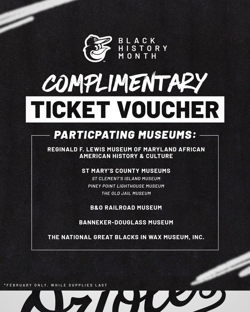 Orioles's tweet photo. There's lots of opportunities to learn more about black history right here in Maryland!

Fans who attend these museums during February will receive a complimentary ticket voucher to a mutually agreed upon O's game: https://t.co/SOduTYd6NL