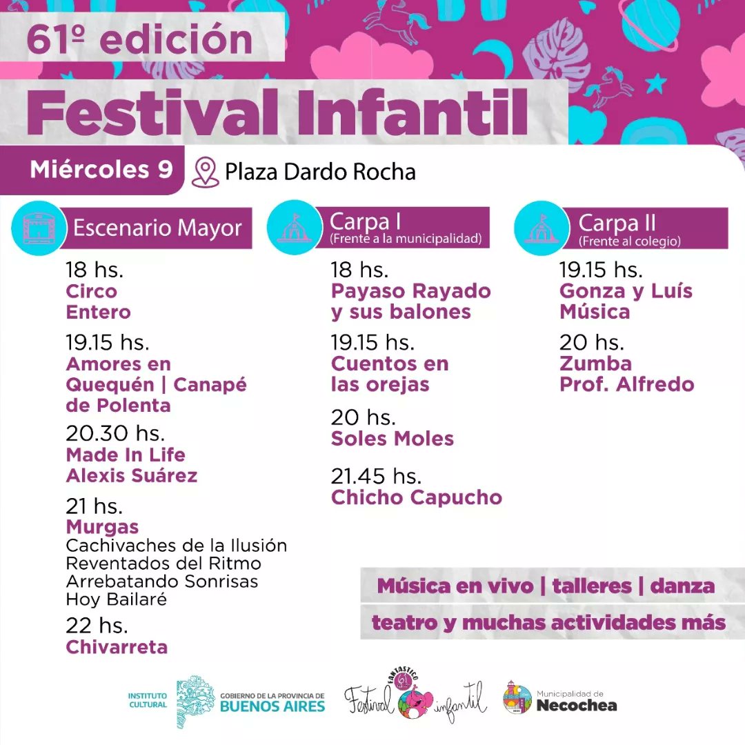 lriesgo's tweet photo. ✨ Acompañamos la 61° Edición del Festival Infantil de Necochea

🎨Talleres
🎵Música en vivo
💃🏽Danza
🎭Teatro 
🎉Actividades recreativas

📌 Plaza Dardo Rocha
⏱️ Desde las 18 hs.

🌈 ¡Vení a disfrutar! 🌈 https://t.co/qh9YLAX8eg