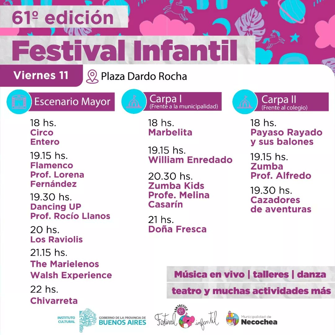 lriesgo's tweet photo. ✨ Acompañamos la 61° Edición del Festival Infantil de Necochea

🎨Talleres
🎵Música en vivo
💃🏽Danza
🎭Teatro 
🎉Actividades recreativas

📌 Plaza Dardo Rocha
⏱️ Desde las 18 hs.

🌈 ¡Vení a disfrutar! 🌈 https://t.co/qh9YLAX8eg